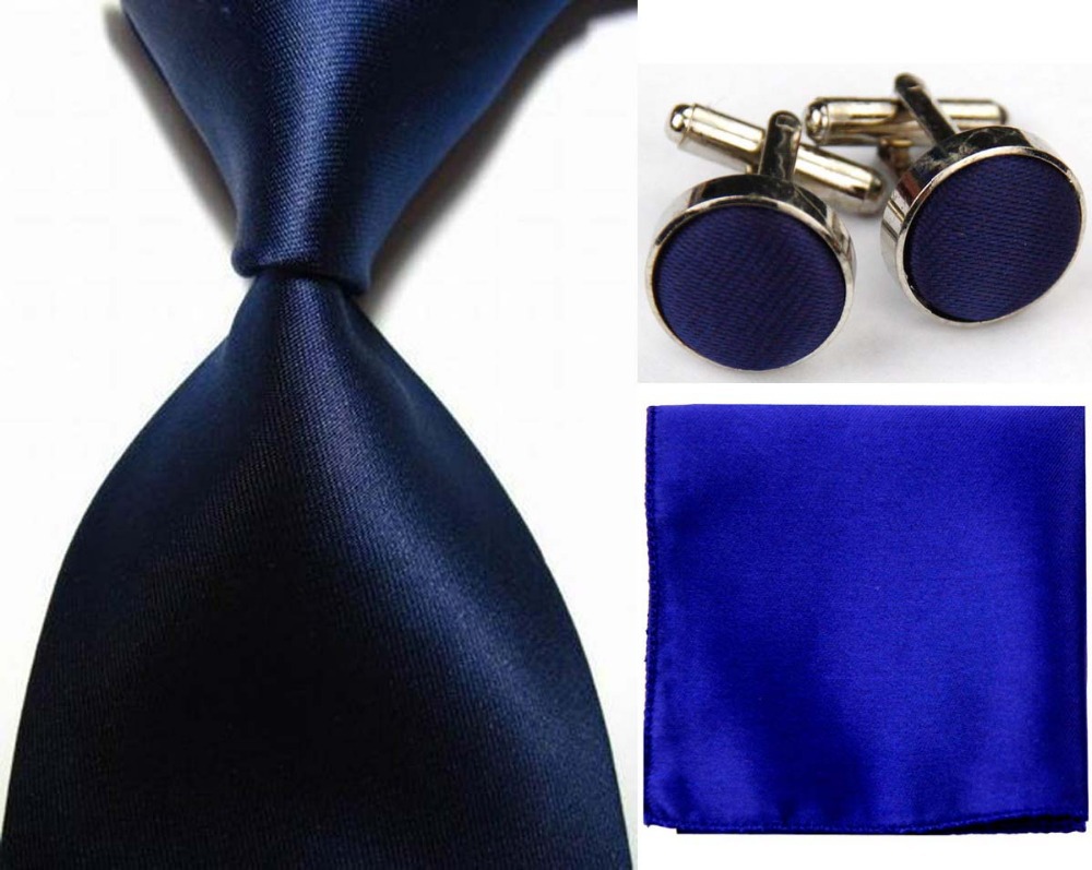 SNT0410 NEW Solid Plain Darl Blue Ties Hanky Handkerchief Cufflinks Ties Men s Business Casual Party