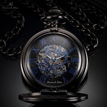 KS Brand Retro Blue Roman Skeleton Relogio De Bolso Men Hand Wind Mechanical Watch Necklace Clock