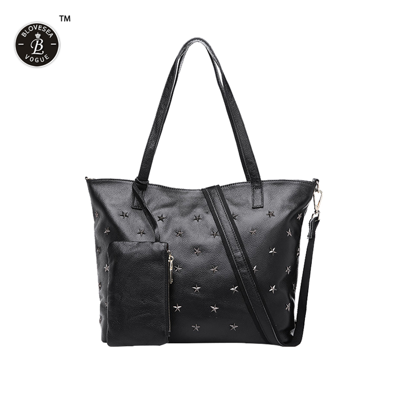 On Sale New Korean Fashion Women Shoulder Bag Genuine Leather Messenger Bag Black Hand Bags Star ...