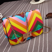 Women Handbags 2016 Summer Luxury PU Leather Strips Rainbow Small Chain Bag Messenger Bags Shoulder Bags For Women