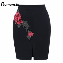 Elegant Sexy Summer Black Mini Short Bandage Red Flower Women Skirts Slit Tight Female Lady Femme Bodycon Wrap Formal Kilt 2016
