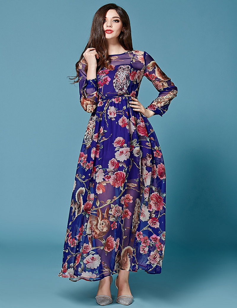 European Style 2015 Summer Free Shipping Fashion Slim Silk Blue Floor-Length Elegant Print Long Dress