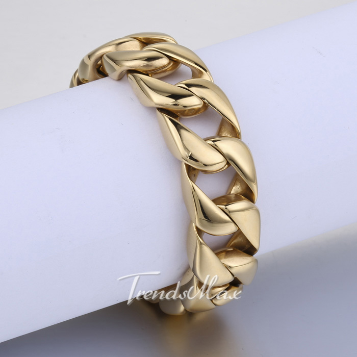 15mm Smooth Curb Link Gold Tone Men Chain Boy 316L Stainless Steel Bracelet Demon Clasp Customized