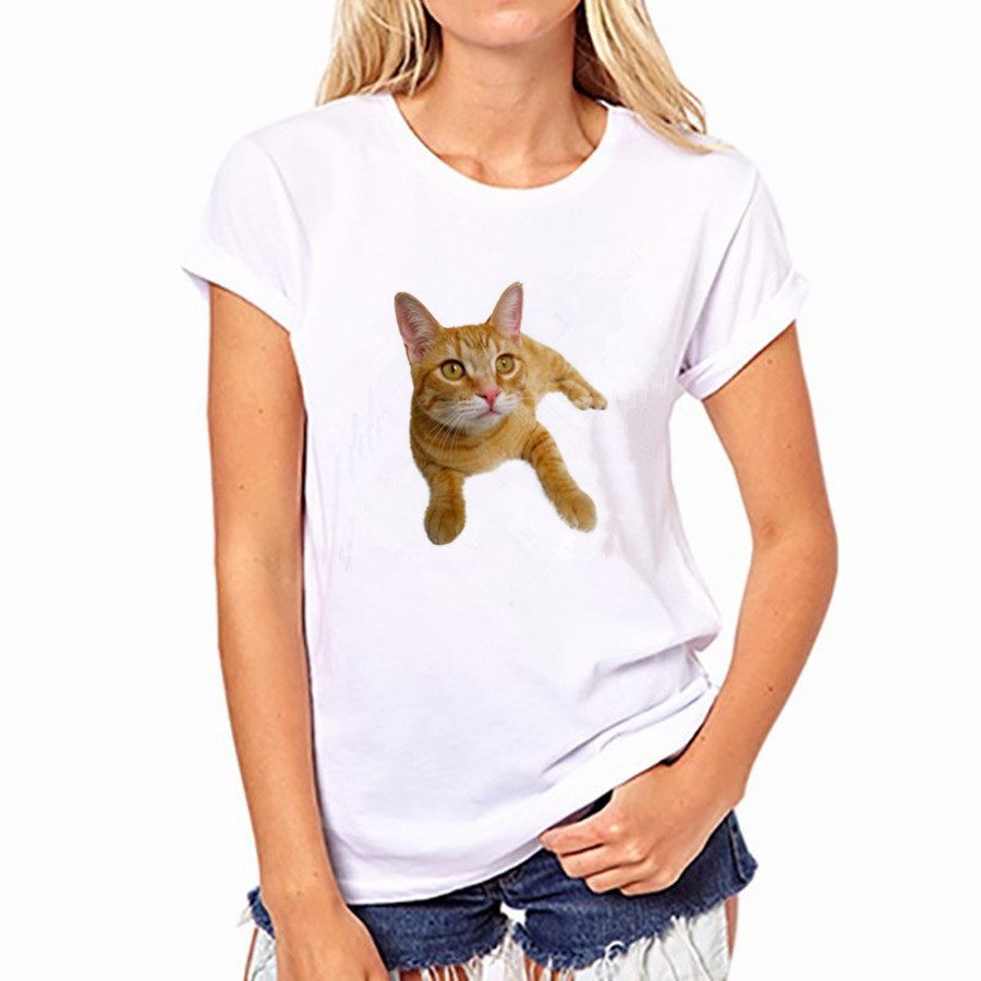 2016 Casual Women White T-shirt Cat Print 21 Colors O-Neck Women Short Sleeved Top Shirt NFS-YH40