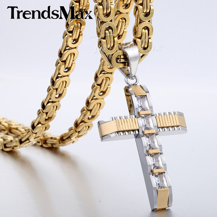 Mens Chain Boys Carved Gold Silver Tone Stainless Steel Cross Pendant Necklace w Clear Rightstones Fashion