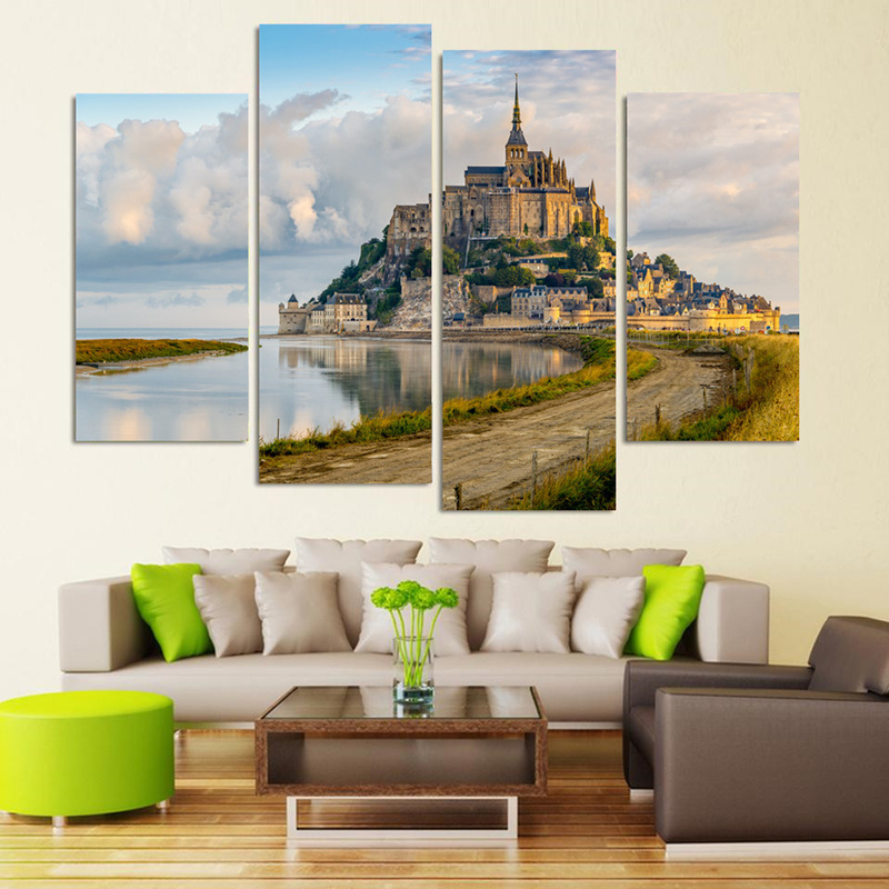 4 Piece Seaside Castle Landscape Canvas Print Painting Home Decor Wall Art Picture For Living Room Modular picture (Unframed)