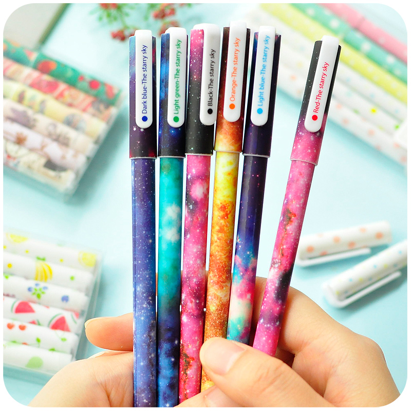 6 Pcs / Set Color Gel Pen Starry Pattern Cute Kitty Hero Roller Ball