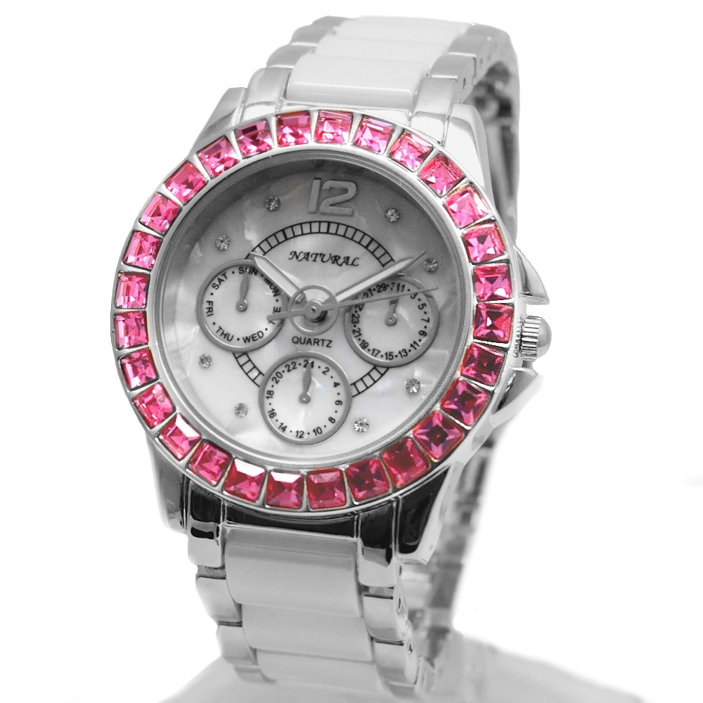 FW830R New Shiny Silver Band White Dial Ceramic Rose Pink Crystal Bracelet Watch