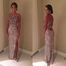 Champagne New One Shoulder Sequins Custom Split Side Sheath Prom Gowns Formal Dresses 2015 Cheap Free