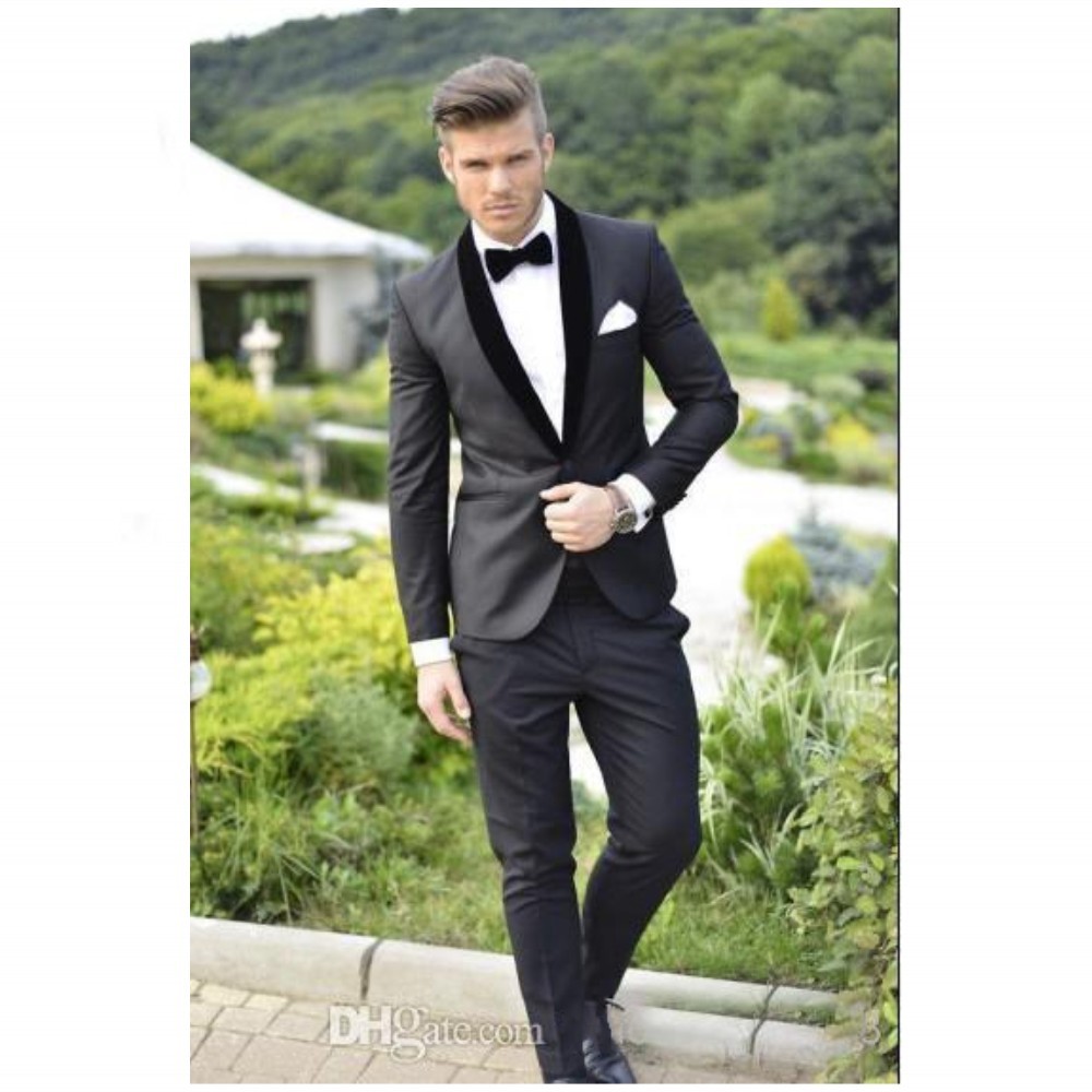86.36Custom Made Groom Tuxedos Charcoal Grey Best man Shawl Black Collar Groomsman Men Wedding Suits Bridegroom (Jacket+Pants+Tie+Girdle) CC24_conew1
