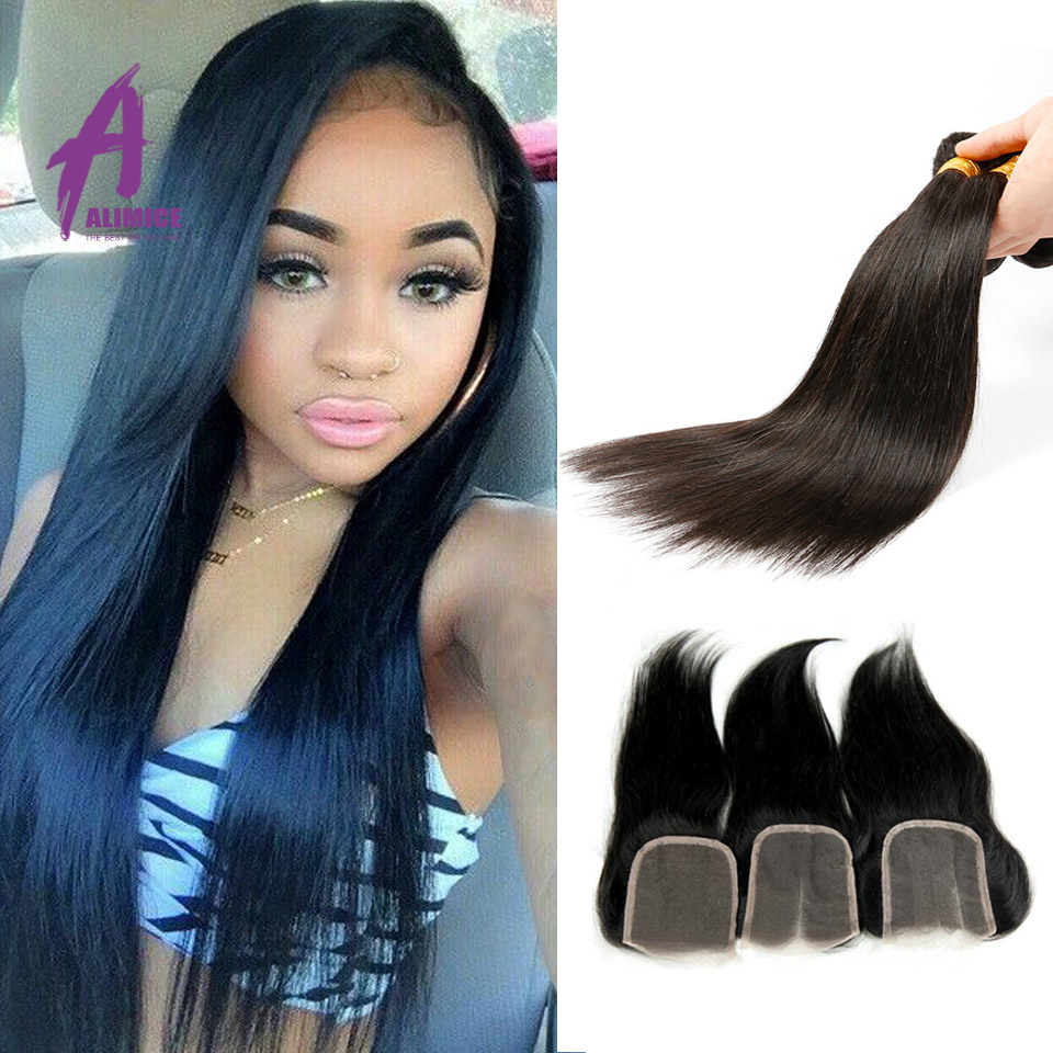 Malaysian Virgin Hair With Closure Straight 3 Bundles 6A Unprocessed Human Hair With Closure HC Malaysian Straight Lace Closure