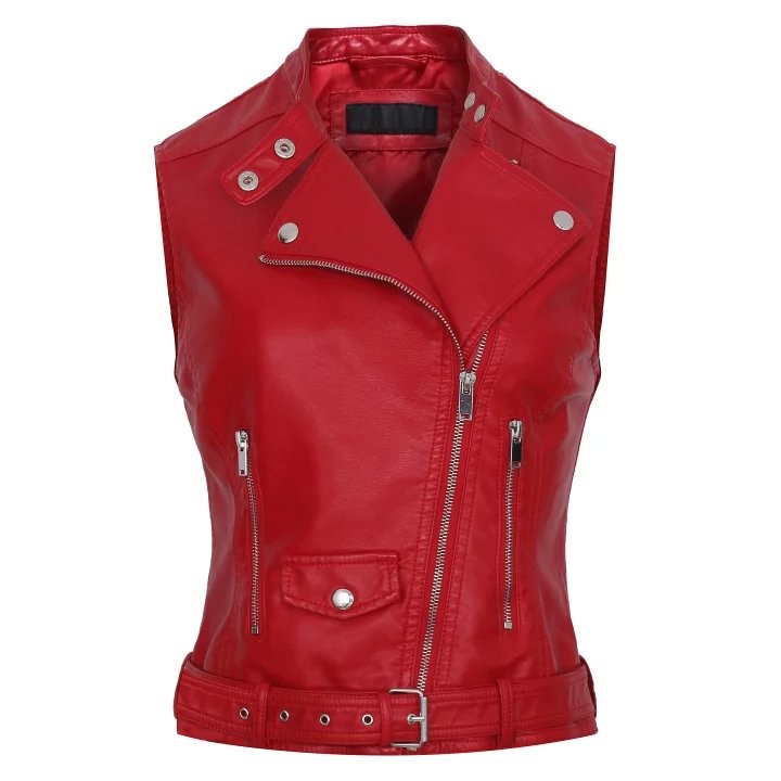 2021 2017 New Fashion Women Red Motorcycle Faux Leather Vest Jackets Lady Zipper Sleeveless Pu 