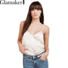 Glamaker Elegant women satin slip black summer corp top Sexy V neck camis Backless fashion evening party pink short tank top