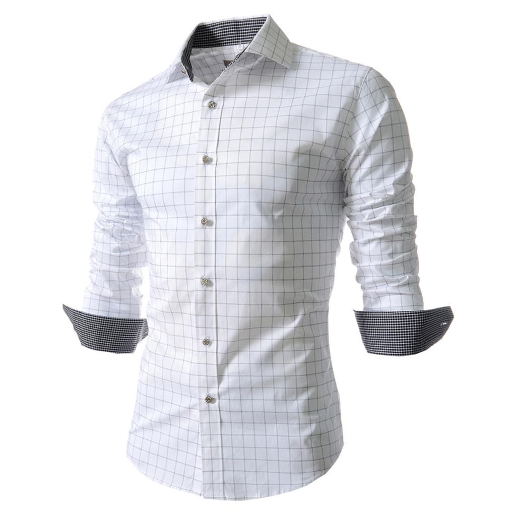 Men Shirt Fashion Plaid Shirt Long Sleeve Flannel Business Shirt Checkered Dress Slim Stylish Mens Casual Shirt white M