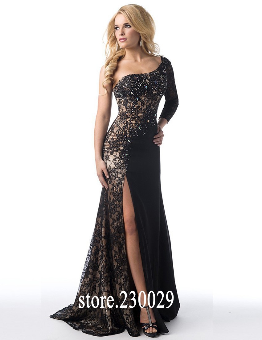 2015 Sheer Lace Black Evening Dresses One Shoulder Beaded Long Sleeves High Side Slit Mermaid