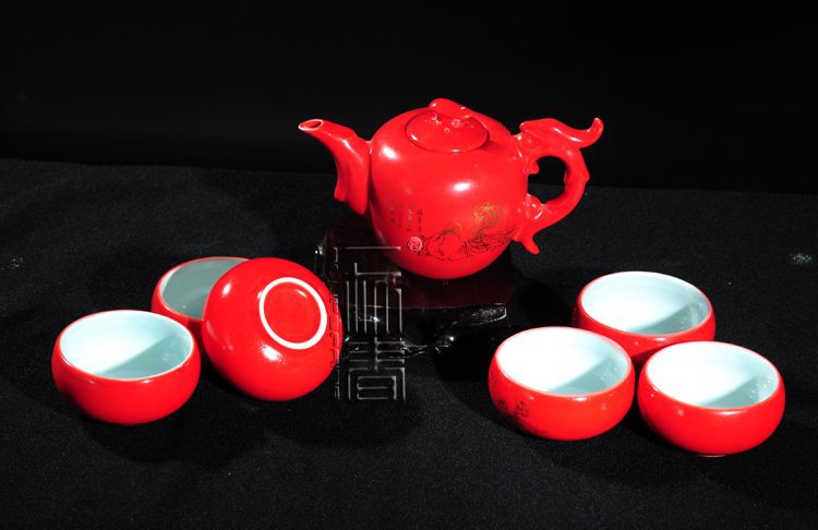 7pcs Exquisite Tea Set Porrtery Teaset Red A3TH01 Free Shipping
