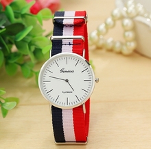 Free shipping 2015 New Geneva simple calibrated dial with slim stylish men s striped nylon watch