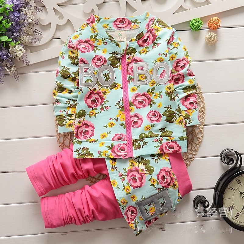 2014 New Spring Babi Girl Clothing Set Children Flower Bow Cute Suit 2PCS Kids Twinset Top