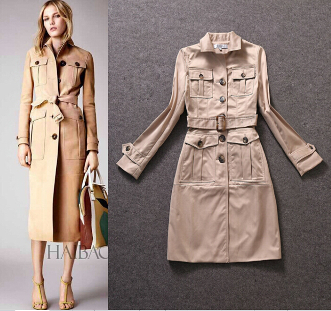 Autumn Winter 2014 New Turn-down Collar Long Sleeve With Big Button Pocket Decoration Women Outwear Warm Khaki Coat Trench
