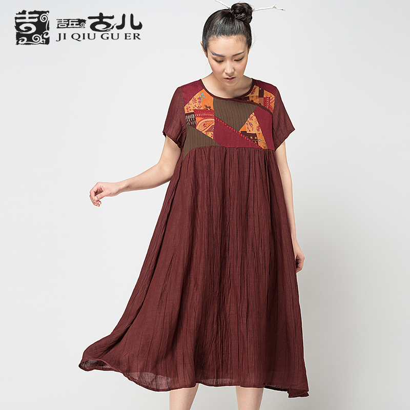 Jiqiuguer Vintage loose pullover dress  short-sleeve o-neck patchwork  dress one-piece dress  for women's