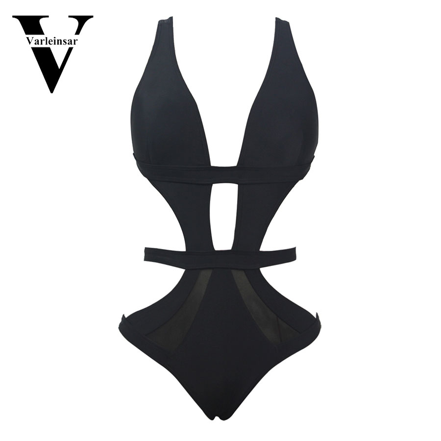 2016 Black Sheer Mesh Splicing Sexy One Piece Swimsuit For Women 7154
