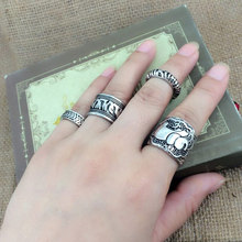4PCS Vintage Punk Ring Set Unique Carved Antique Silver Elephant Totem Leaf Lucky Rings for Women