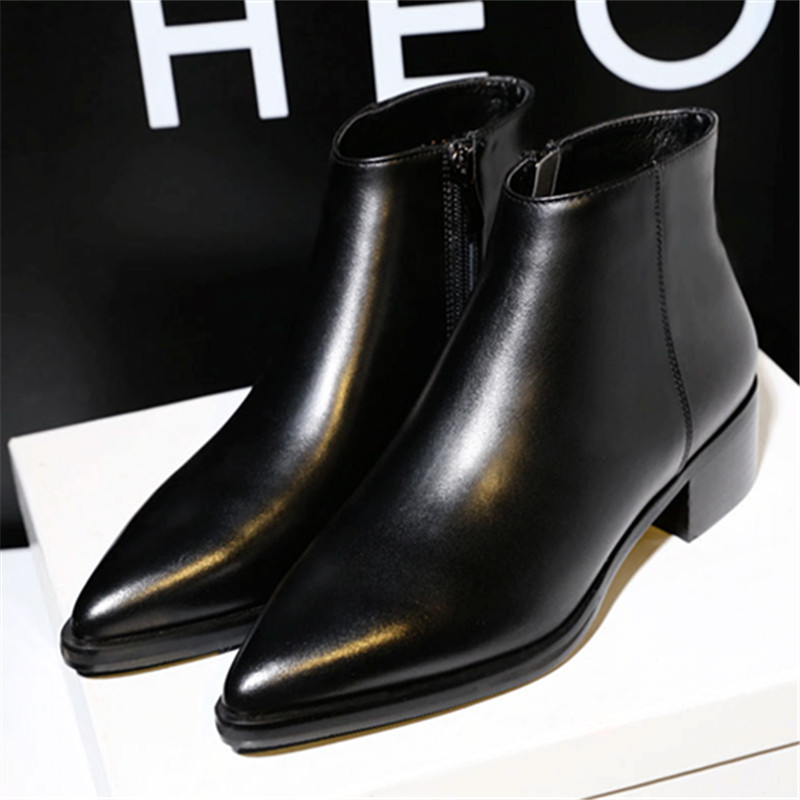 Woman Thick with Ankle Boot Winter Short Plush British Style Pointed Toe Shoe High Quality Cowhide Fashion Thick With Ankle Boot