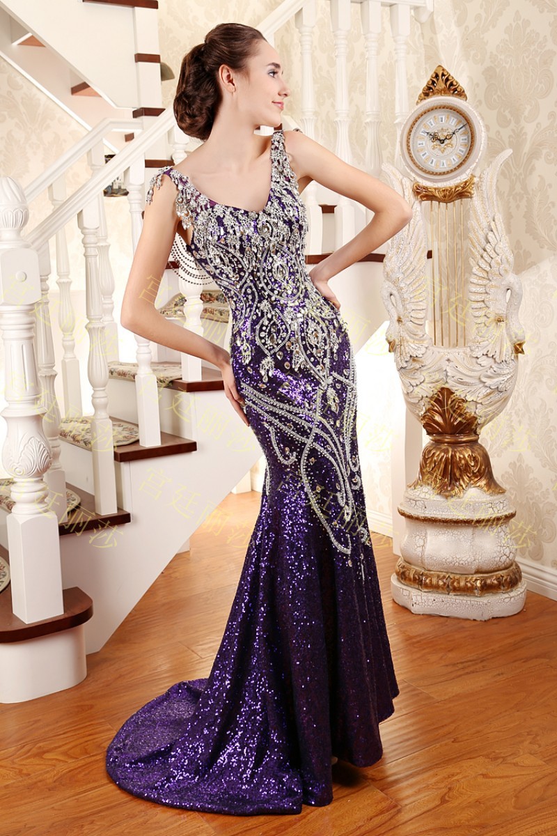 sequin mermaid Evening dress crystal V-neck formal dress Party dress ...