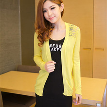 New 2015 Fashion Women Cardigan Lace Flower Sweet Candy Color Crochet Knit Blouse Sweater Cardigan Coat