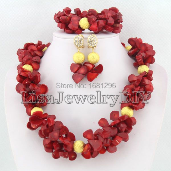 African Coral Beads Jewelry Sets African Wedding Beads Jewelry Sets Coral Necklace Bracelet Earrings Sets    HD0724