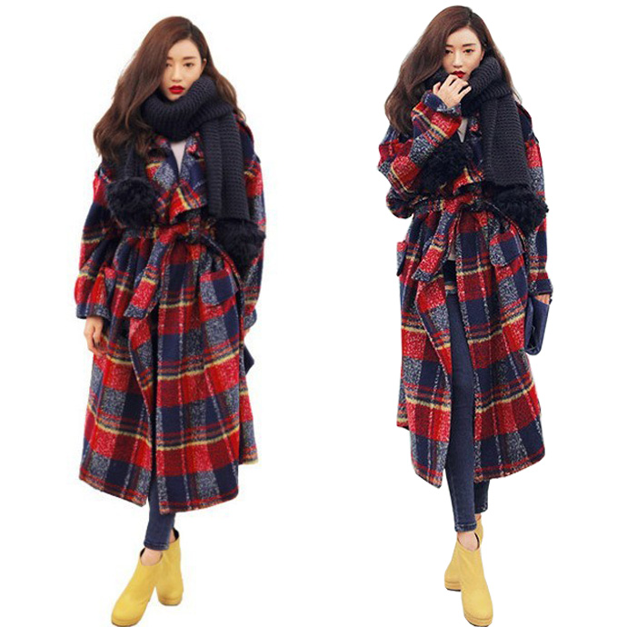 Winter Coat Women 2015 Fashion Design Plaid Women Long Wool Coat Oversize Women Long Trench Coat Casacos Femininos Woolen Coat