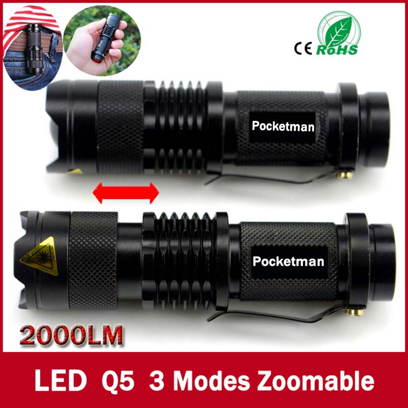 high quality Mini Black Brand 2000LM Waterproof LED Flashlight 3 Modes Zoomable LED Torch penlight free