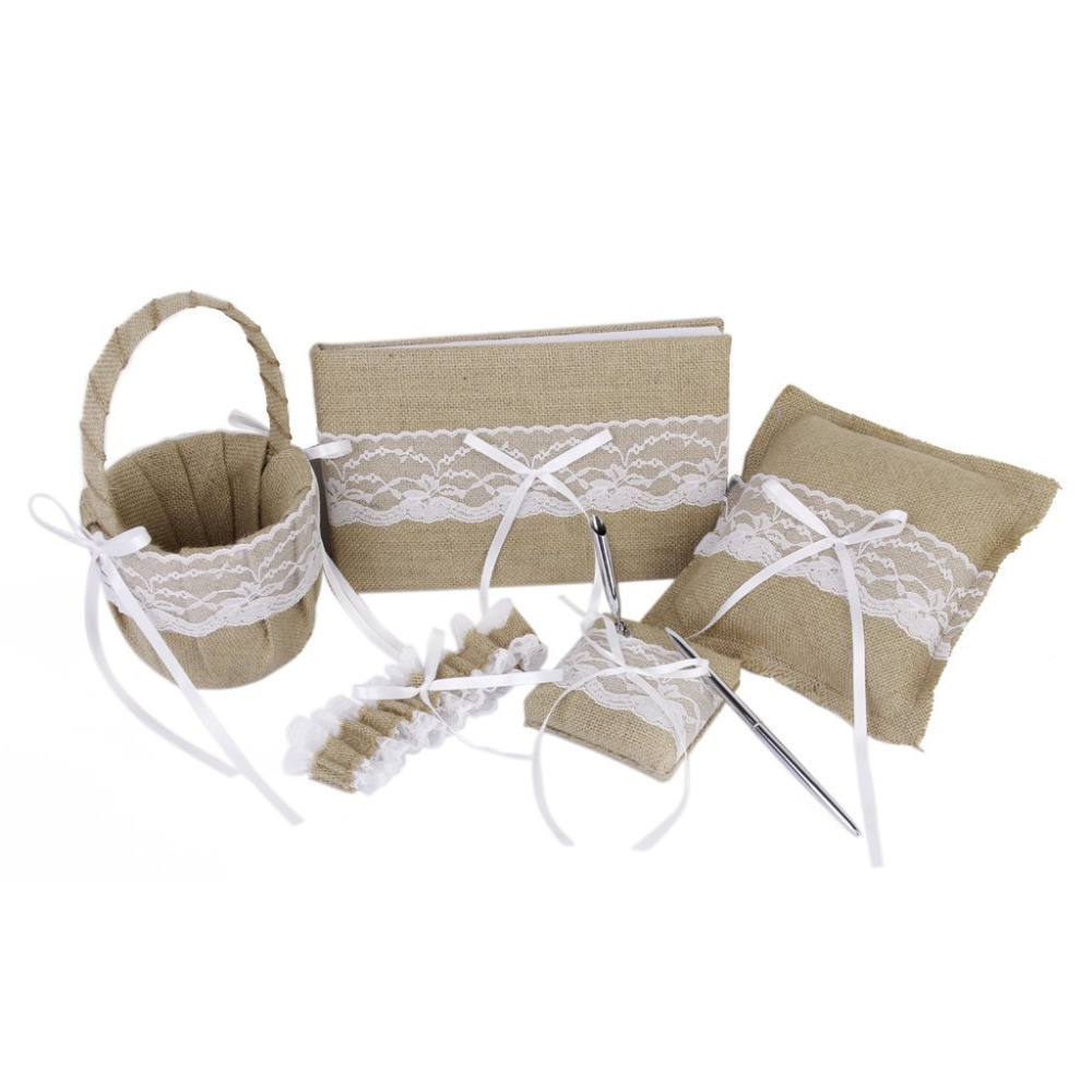 5pcs Rustic Burlap And Lace Ring Pillow + Flower Basket + Guest Book + Pen Set + Garter Set Wedding Decoration Product