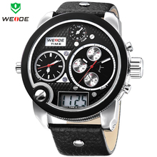 Moda de gran tamaño WEIDE LCD Digital Analog tres zona horaria fecha correa de cuero del cuarzo reloj reloj militar Mens relojes deportivos 3ATM