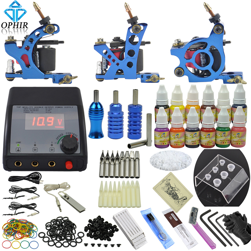 OPHIR Complete 3 Machine Tattoo Kit Set Equiment Gun Ink Needles 12 Pigment#TA082