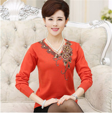 Embroidery Bottom Women Sweater Large Size Middle Age Mother Top Autumn New Design Long Sleeve Knitt