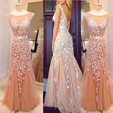 Champagne Long Mermaid Tulle White Lace Applique Prom Dresses 2015 Long Prom Dresses Party Gowns Dresses
