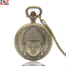 Vintage Bronze Buddha Quartz Pocket Watch Necklace Pendant Best Gift P045