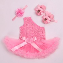 EMS DHL free shipping kids baby girls X-mas Christmas Infants Suit Rosette One shoulder Dress+ Baby Shoes + Headbands 3pc Suit