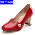 2017 Woman Genuine leather Sexy Thick Heels Round Toe high heeled shoes lady Fashion patent leather