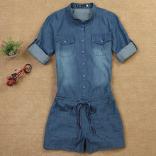 Long Sleeve Tunic Denim Jumpsuit 2016 Summer Women Short Pants Rompers Pockets Jeans Overalls Female Jumpsuits Combishort JS29