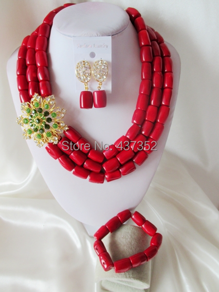 Fabulous Nigerian Wedding Coral Beads African Jewelry Set Necklace Bracelet Earrings Set Free Shipping CWS-475