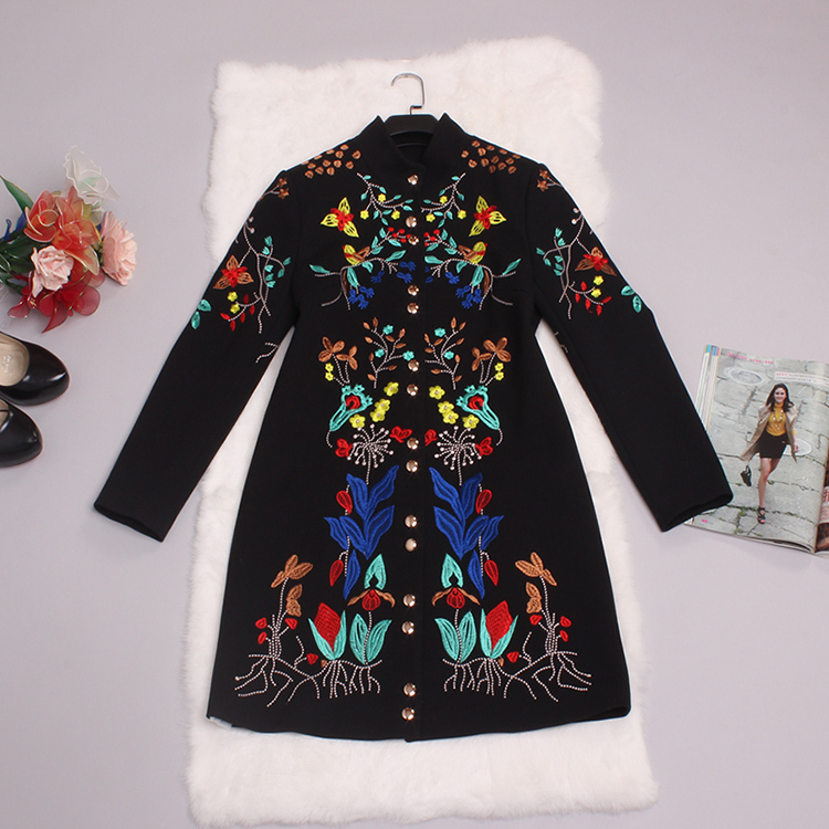 Vintage Coat 2015 Winter New Fashion Slim Long Coat Full Sleeve Heavy Flower Emboidery Black Brand Coat Women