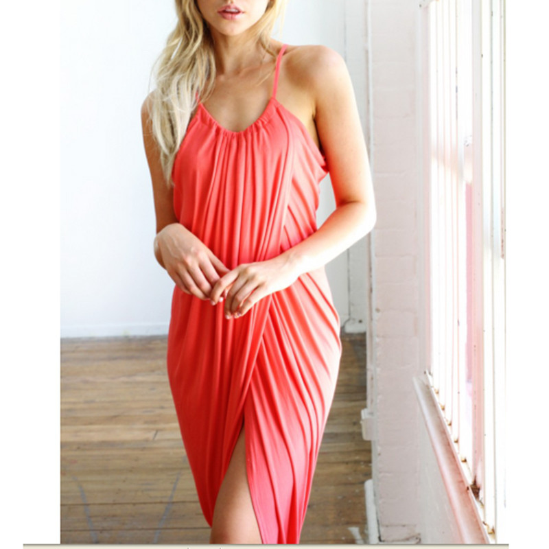 Wholesale 2015 New Summer Women Neon Asymmetry Slit Beach Dress Ladies