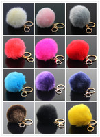 12PCS Hot Sales 8CM Round Metal Key Chain Faux Rabbit Hair Bulb Fur Plush PomPom Ball Bag Car Ornaments Pendant Key Ring