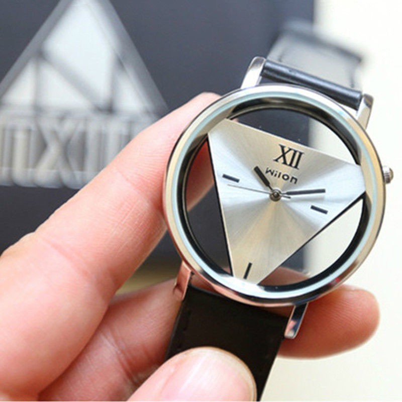 2016 Hot 1 PCS Triangle Hollow Leather Band Stainless Steel Sport Analog Quartz Women Mens Wrist