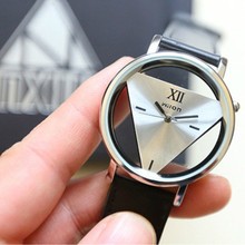 2016 Hot 1 PCS Triangle Hollow Leather Band Stainless Steel Sport Analog Quartz Women Mens Wrist Watch