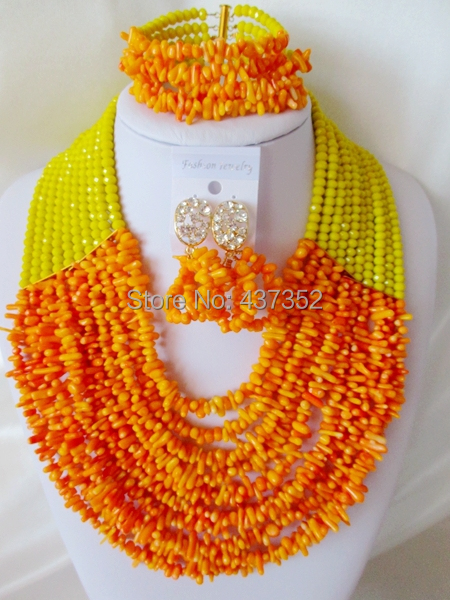 Handmade Lemon Yellow and Orange Party Nigerian Wedding African Coral  Beads Jewelry Set Free Shipping CPS3704