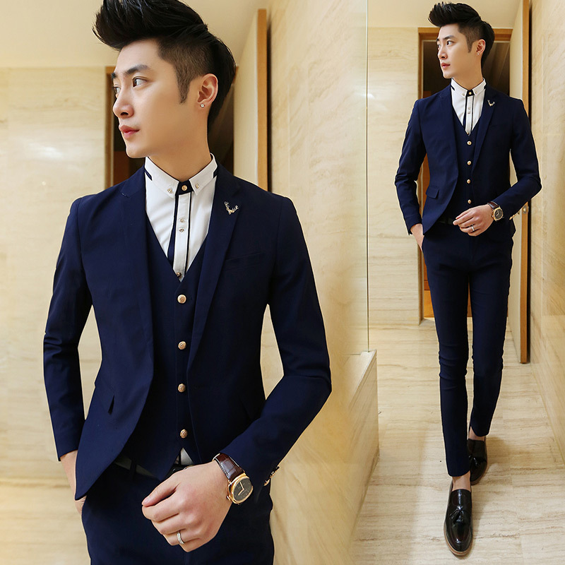 Корейский мужчины костюмы мужские 3 частей костюмы приталенный fit мужчины свадьба куртка брюки костюм куртка + жилет + брюки одежда комплект M-XXL
