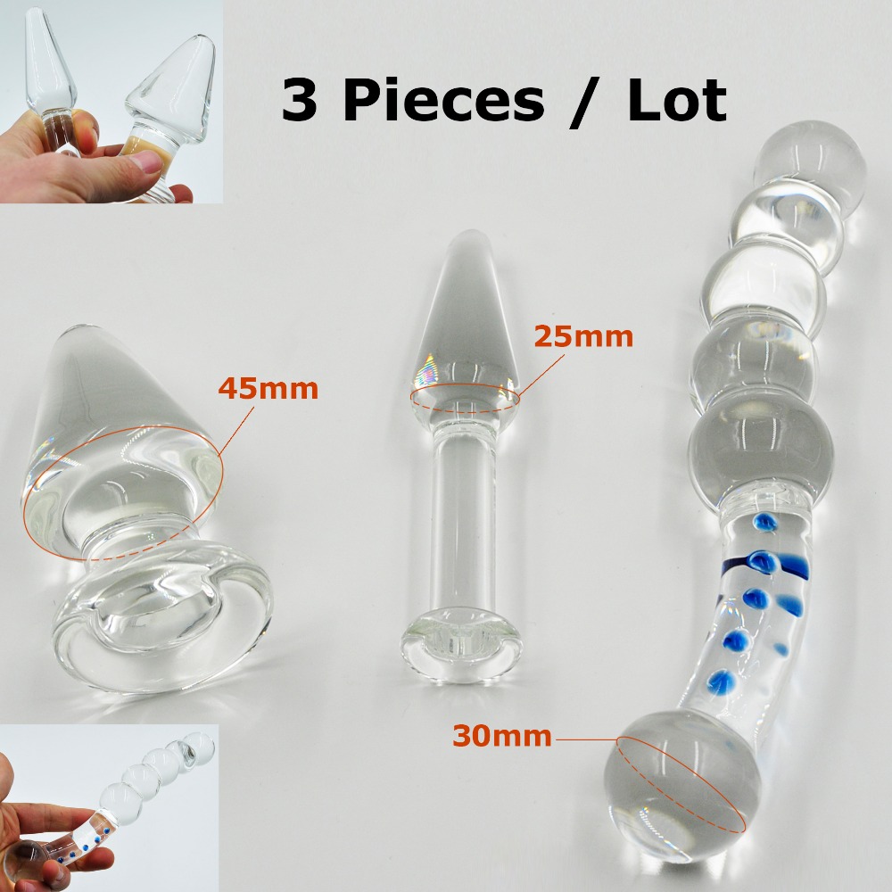 1 Teething Pyrex Glass anal dildo penis & 2 Butt plugs Adult male female masturbation products Sex toys set for women men gay